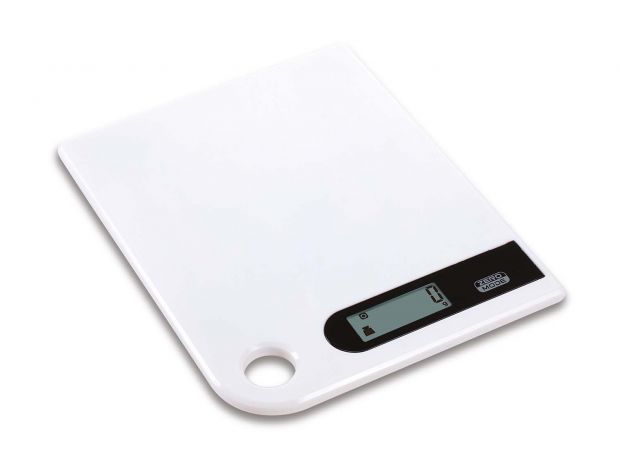White digital kitchen scale for food weighing.