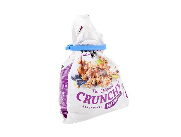 Blue plastic bag clip on cereal bag.